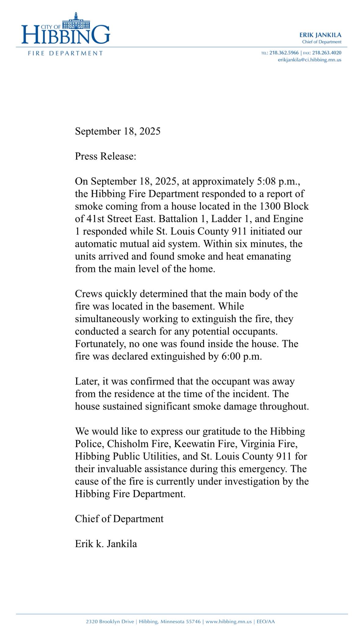 HFD fire press release 9.18.25